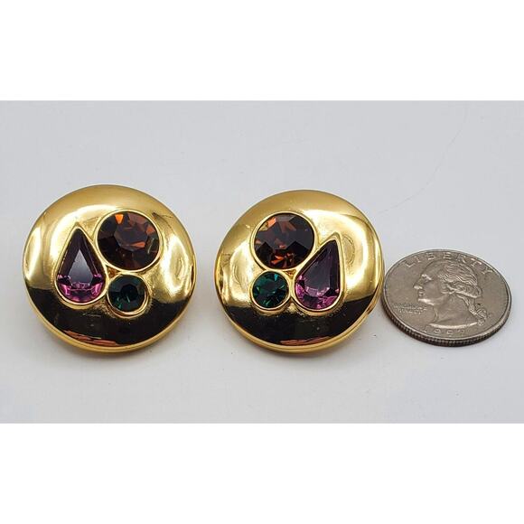 Givenchy Gold Tone Earrings Designer Runway Faux Jewel Crystal Stones Statement - Picture 9 of 11